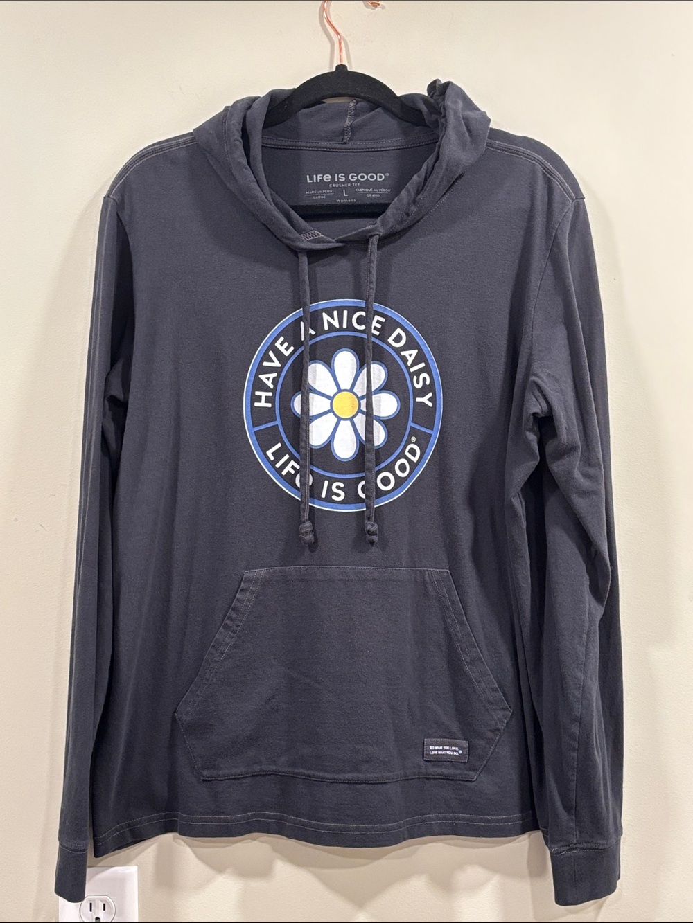 Life Is Good Charcoal "Have a Nice Daisy" Pocket Long Sleeve Tee Shirt w/ Hood